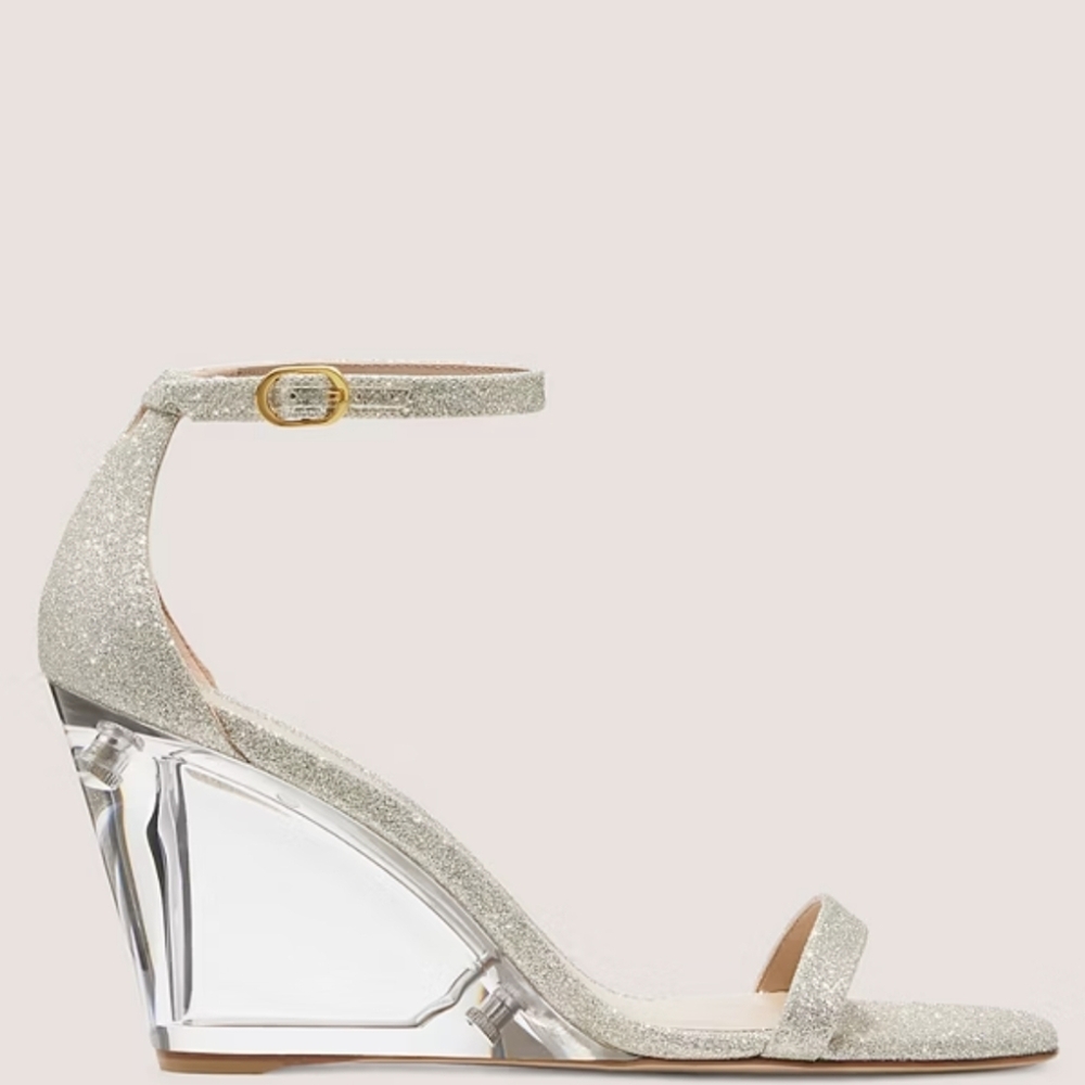NIB Stuart Weitzman Nudistlucite 85 Wedge In Platino Gold